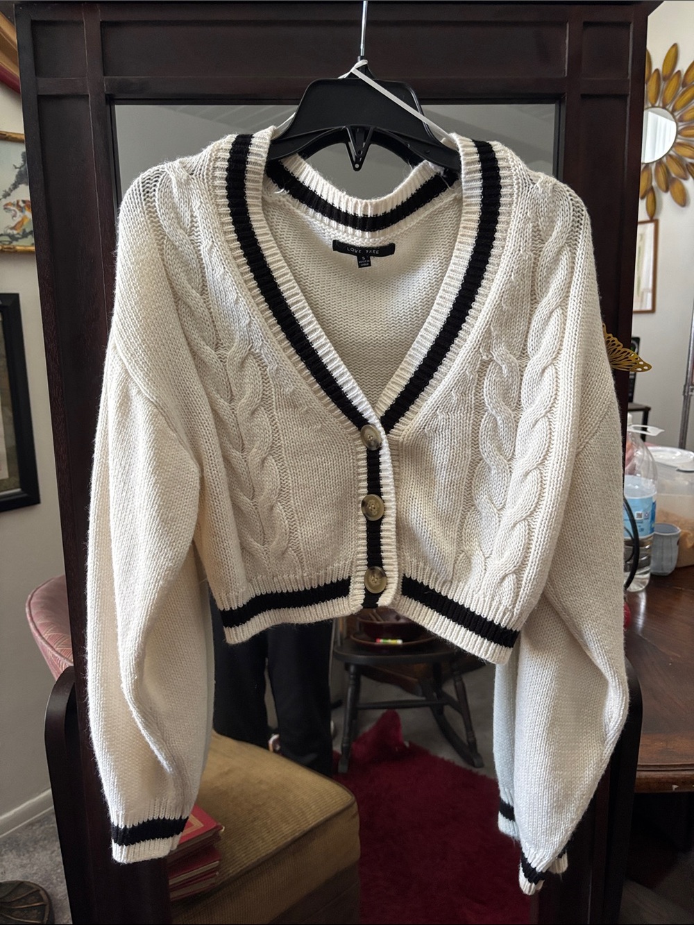 Love Tree Cream Cable Knit Cropped Cardigan with Black Stripe Trim